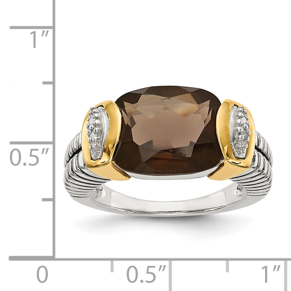 14K/Silver Two Tone Shey Couture Sterling Silver With 14K Accent Antiqued Cushion Checkerboard Smoky Quartz And Diamond Ring (Size 6 Only)