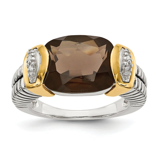 14K/Silver Two Tone Shey Couture Sterling Silver With 14K Accent Antiqued Cushion Checkerboard Smoky Quartz And Diamond Ring (Size 6 Only)