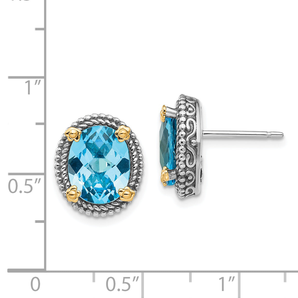 14K/Silver Two Tone Shey Couture Sterling Silver With 14K Accent Antiqued Oval Swiss Blue Topaz Post Earrings
