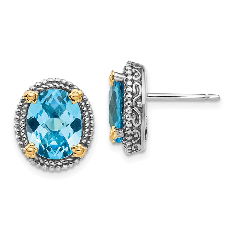 14K/Silver Two Tone Shey Couture Sterling Silver With 14K Accent Antiqued Oval Swiss Blue Topaz Post Earrings