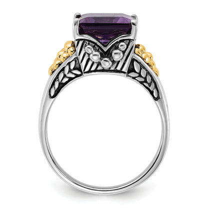 14K/Silver Two Tone Sterling Silver 14K Accent Polished & Antiqued Amethyst Ring