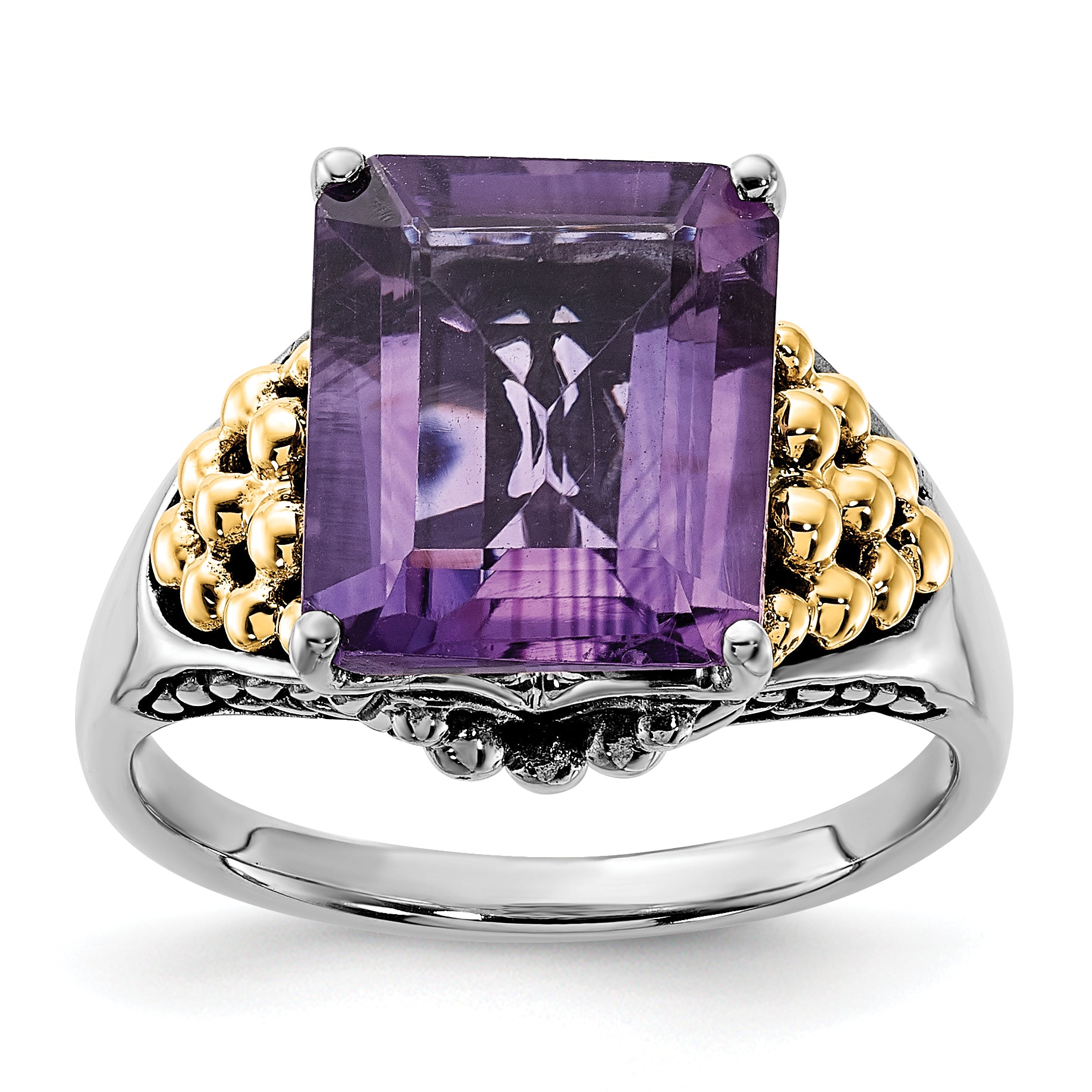14K/Silver Two Tone Sterling Silver 14K Accent Polished & Antiqued Amethyst Ring
