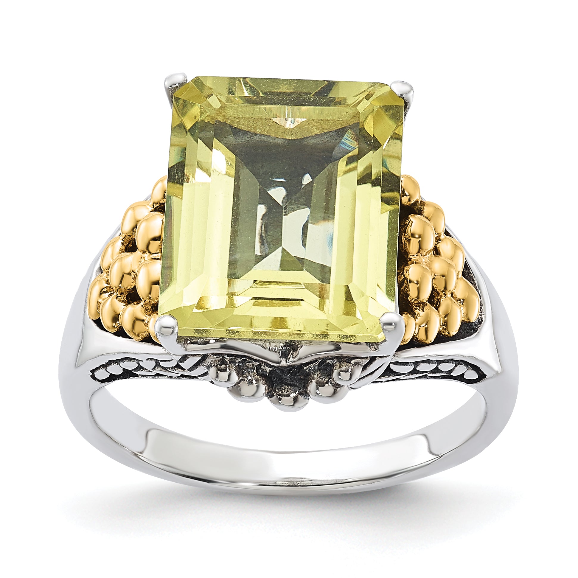 14K/Silver Two Tone Sterling Silver 14K Accent Antiqued Lemon Quartz Ring