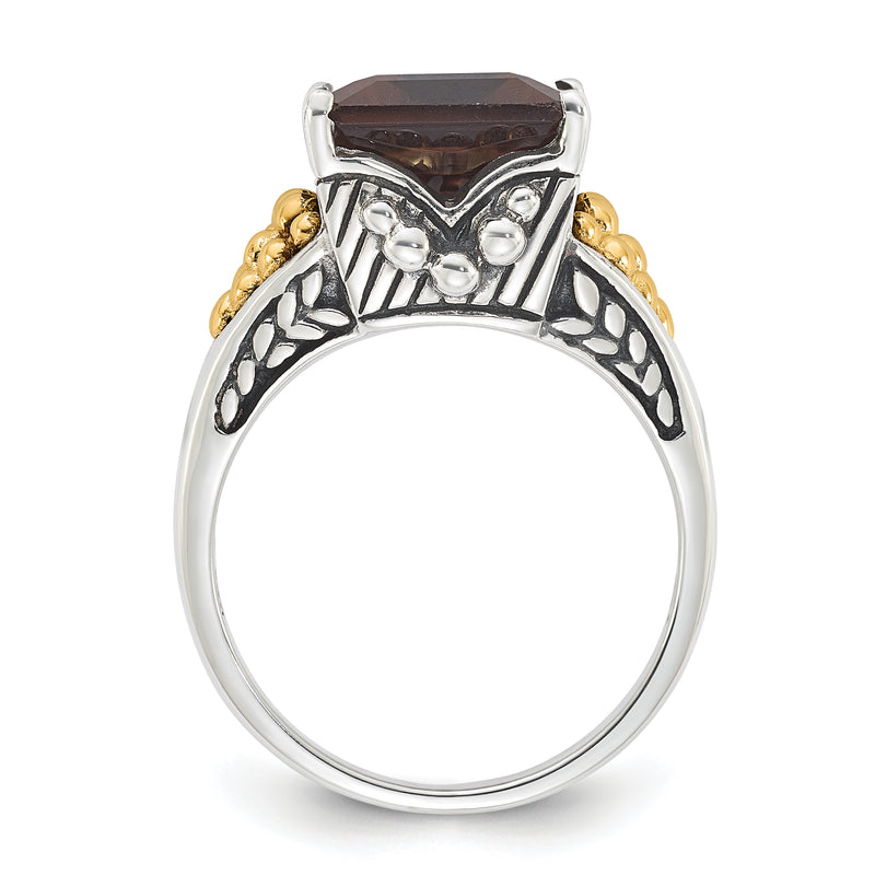 14K/Silver Two Tone Sterling Silver 14K Accent Antiqued Smoky Quartz Ring