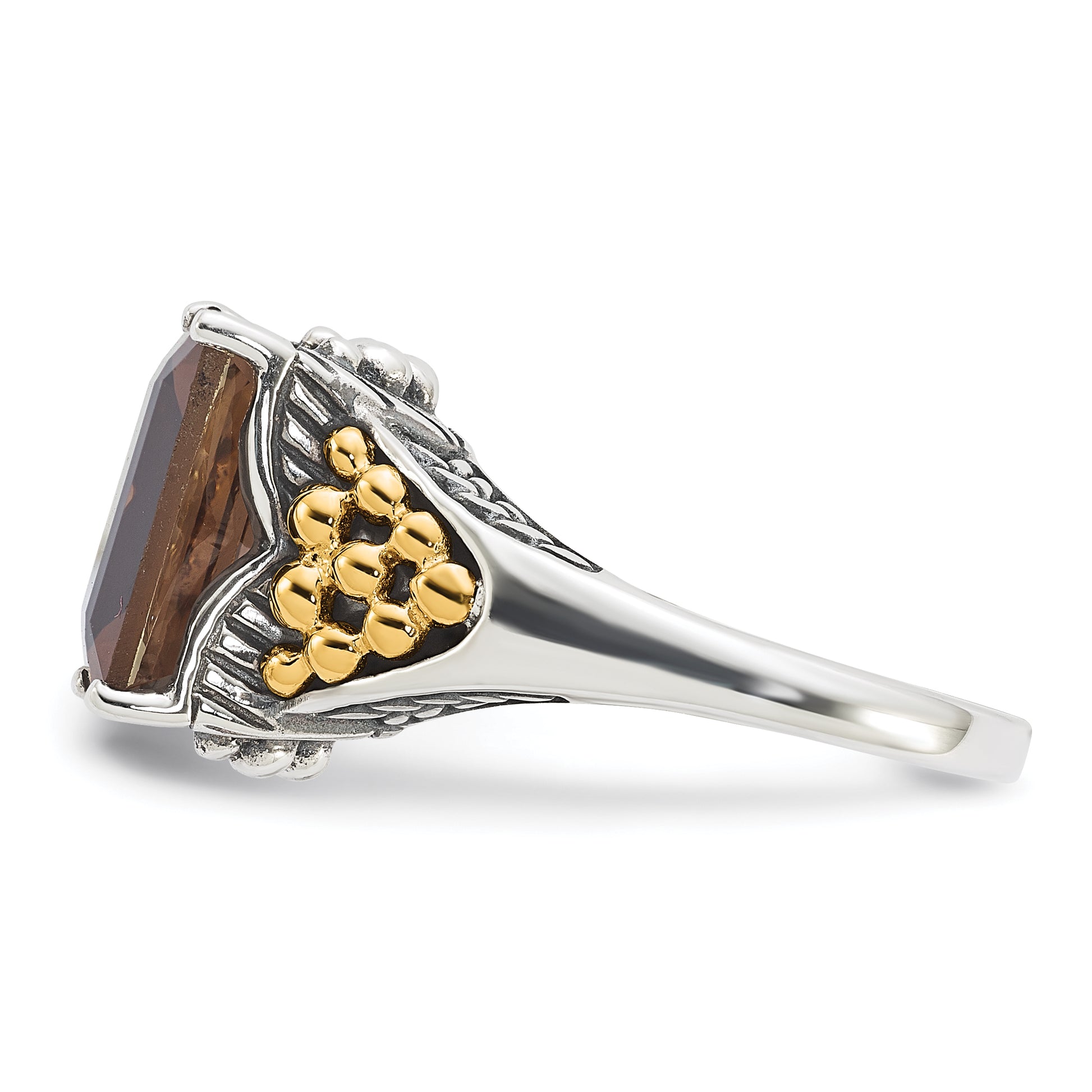 14K/Silver Two Tone Sterling Silver 14K Accent Antiqued Smoky Quartz Ring