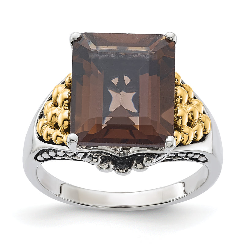 14K/Silver Two Tone Sterling Silver 14K Accent Antiqued Smoky Quartz Ring