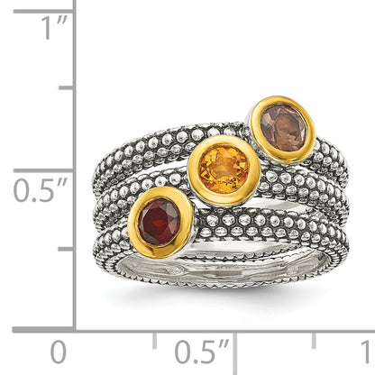Sterling Silver Shey Couture Gold Tone Flash Plated Antiqued Round Bezel .30Garnet/.20Citrine/.20Smoky Quartz 3 Stackable Rings