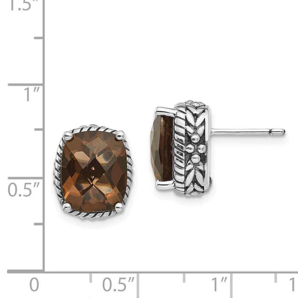 Shey Couture Sterling Silver Antiqued Cushion Checkerboard Smoky Quartz Post Earrings