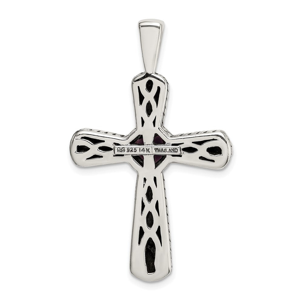 14K/Silver Two Tone Shey Couture Sterling Silver With 14K Accent 18 Inch Antiqued Cushion Bezel Amethyst Cross Necklace