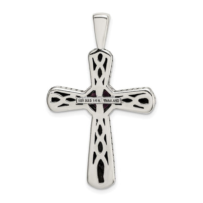 14K/Silver Two Tone Shey Couture Sterling Silver With 14K Accent 18 Inch Antiqued Cushion Bezel Amethyst Cross Necklace