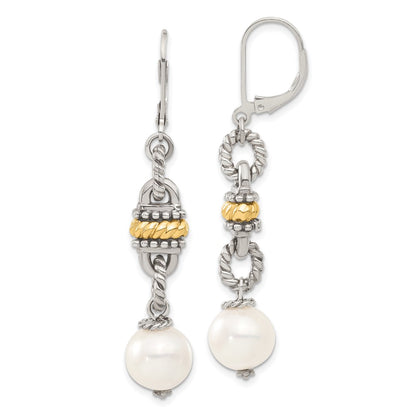 14K/Silver Two Tone Sterling Silver 14K Accent 9.5 10mm Fw Cultured Pearl Earrings
