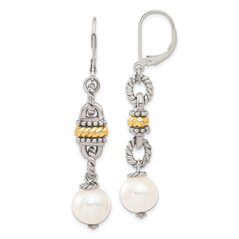14K/Silver Two Tone Sterling Silver 14K Accent 9.5 10mm Fw Cultured Pearl Earrings