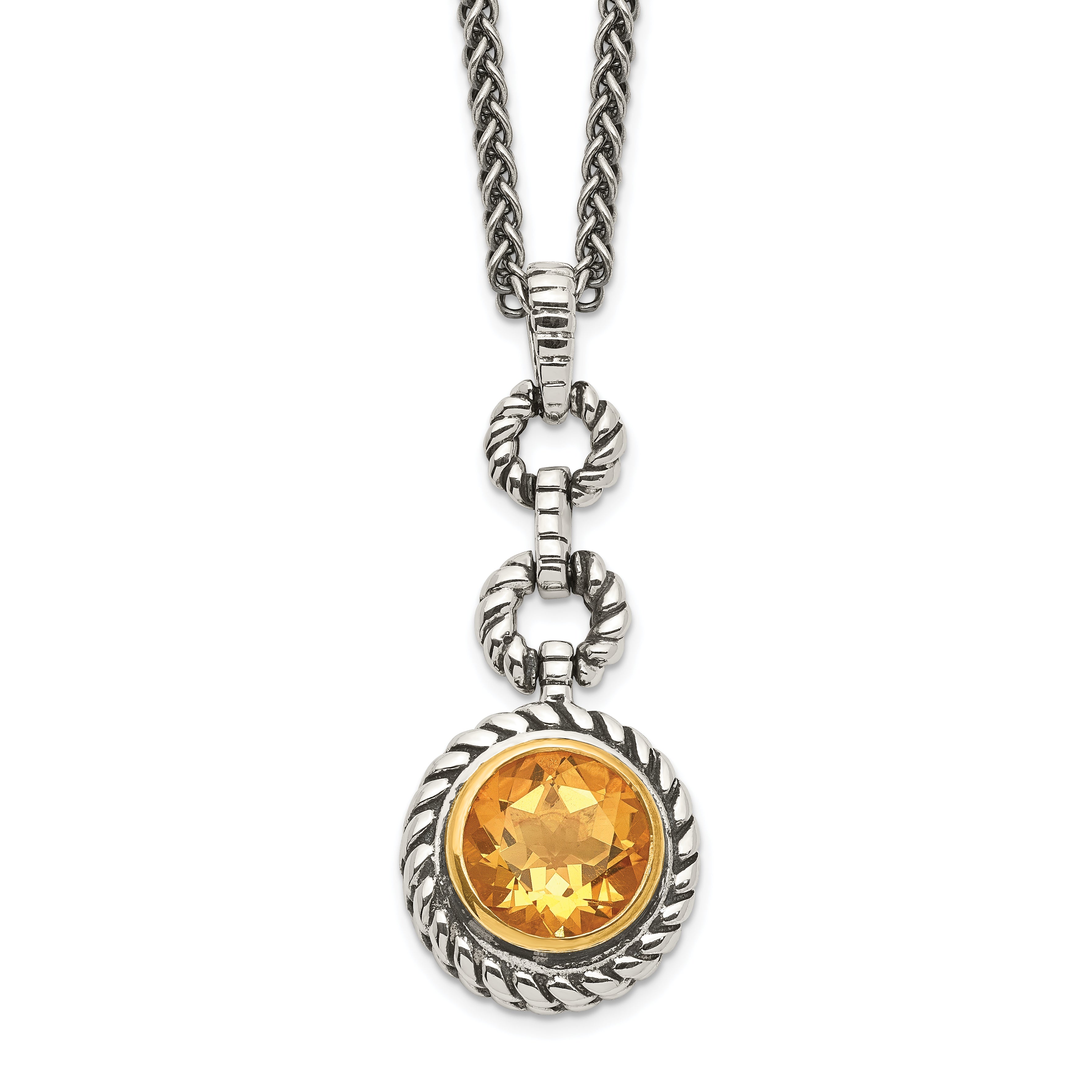 Sterling Silver Shey Couture Gold Tone Flash Plated 18 Inch Antiqued Round Bezel Citrine Necklace