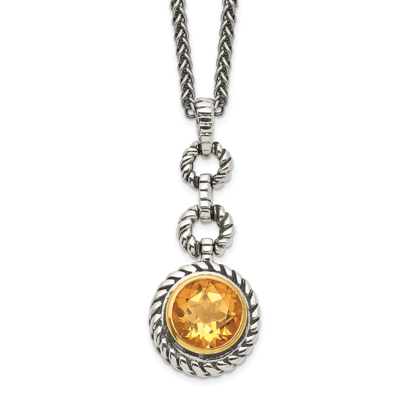 Sterling Silver Shey Couture Gold Tone Flash Plated 18 Inch Antiqued Round Bezel Citrine Necklace