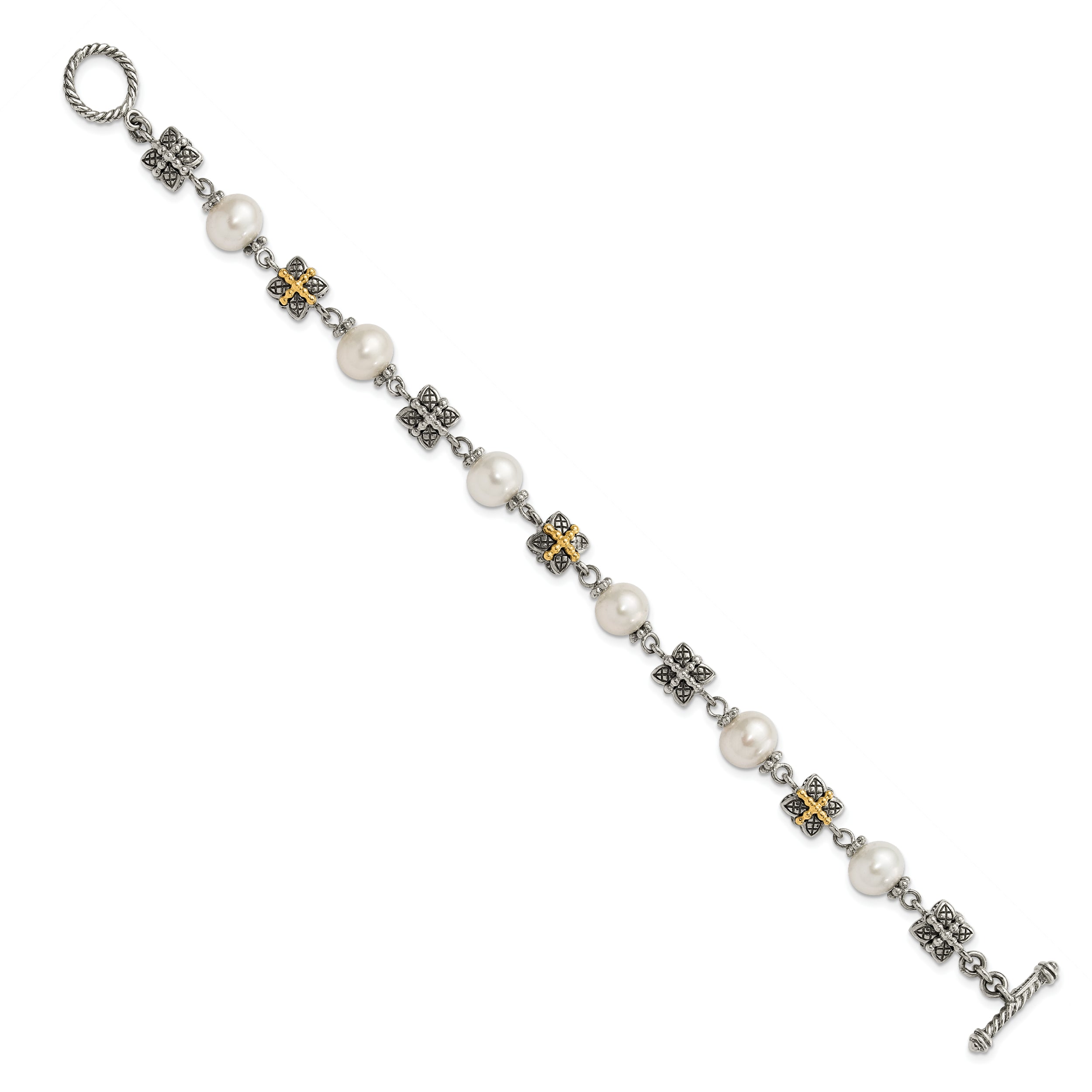 14K/Silver Two Tone Sterling Silver W/ 14Ky Accent Polished & Antiqued Freshwater Cultured Pearl Bracelet