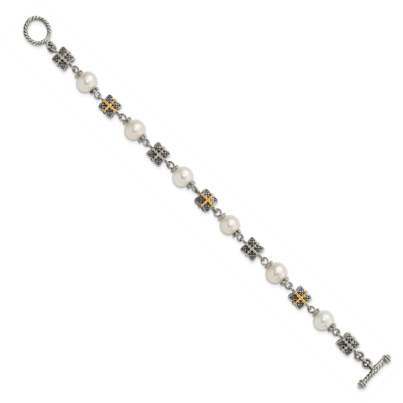 14K/Silver Two Tone Sterling Silver W/ 14Ky Accent Polished & Antiqued Freshwater Cultured Pearl Bracelet