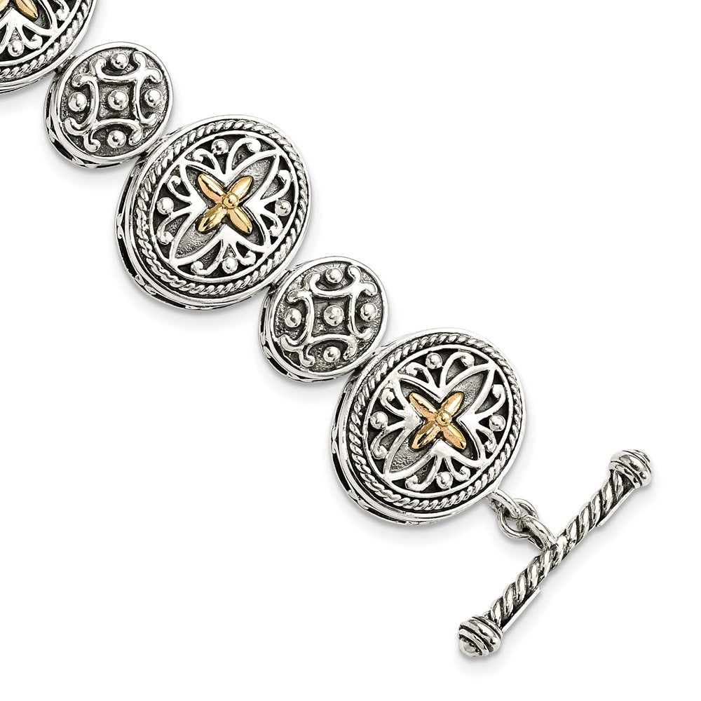 14K/Silver Two Tone Shey Couture Sterling Silver With 14K Accent 8 Inch Antiqued Toggle Bracelet