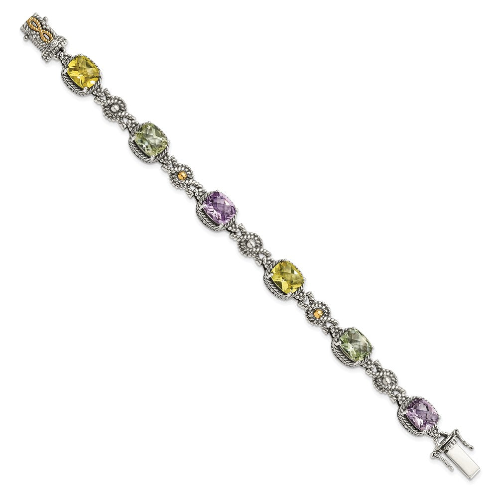 14K/Silver Two Tone Shey Couture Sterling Silver With 14K Accent 7.25 Inch Antiqued Cushion 4.4Pink Quartz/4.4Green Quartz/4.4Lemon Quartz Bracelet