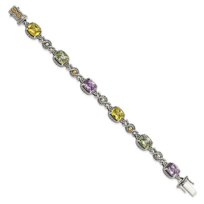 14K/Silver Two Tone Shey Couture Sterling Silver With 14K Accent 7.25 Inch Antiqued Cushion 4.4Pink Quartz/4.4Green Quartz/4.4Lemon Quartz Bracelet