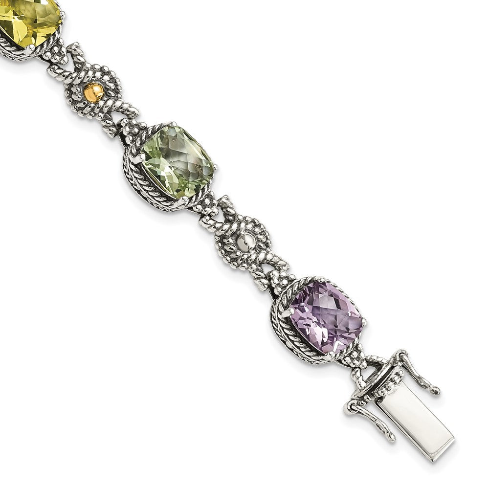 14K/Silver Two Tone Shey Couture Sterling Silver With 14K Accent 7.25 Inch Antiqued Cushion 4.4Pink Quartz/4.4Green Quartz/4.4Lemon Quartz Bracelet