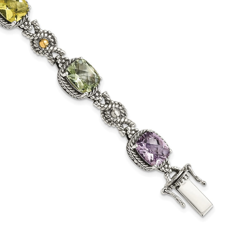 14K/Silver Two Tone Shey Couture Sterling Silver With 14K Accent 7.25 Inch Antiqued Cushion 4.4Pink Quartz/4.4Green Quartz/4.4Lemon Quartz Bracelet