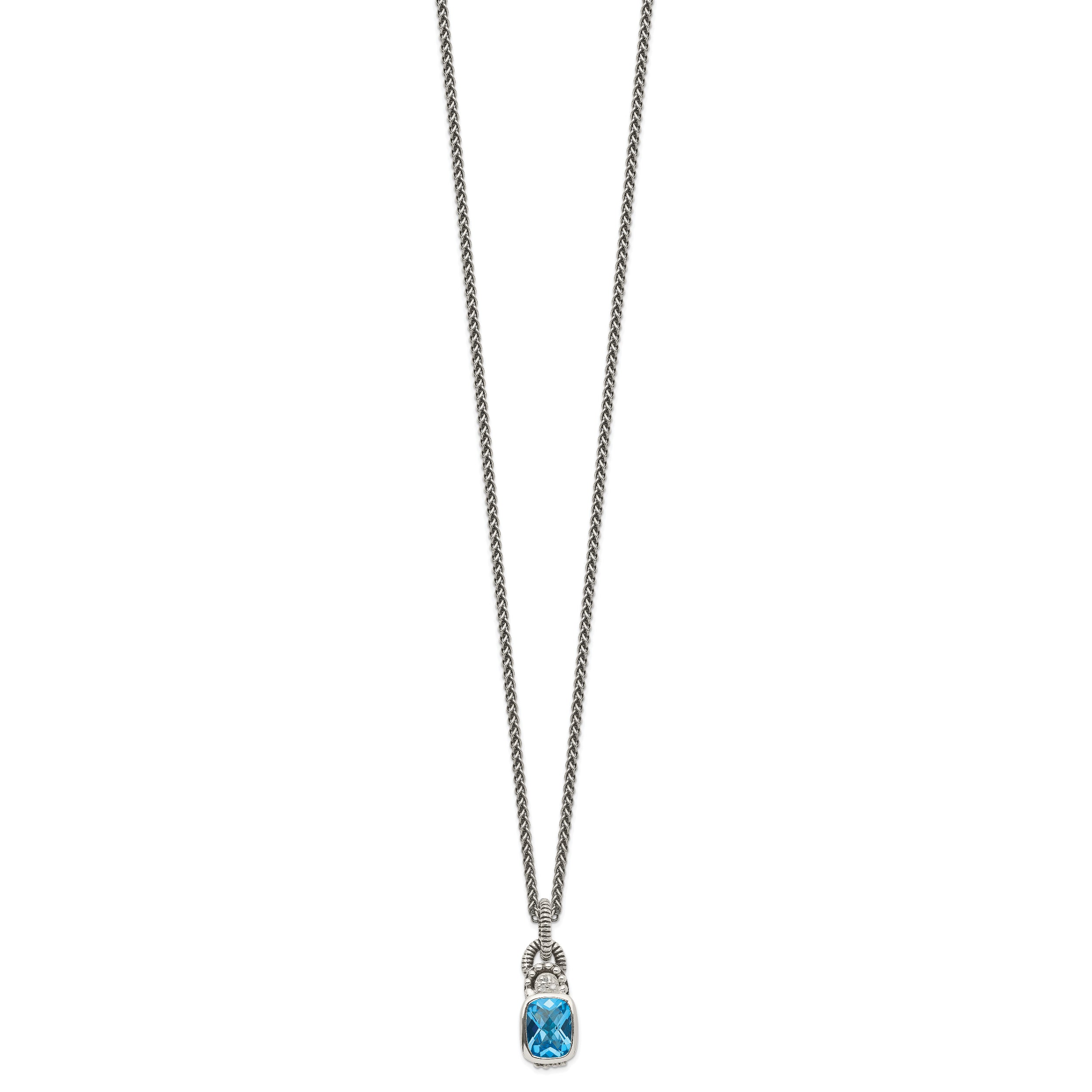 Sterling Silver Shey Couture 18 Inch Antiqued Cushion Bezel Sky Blue Topaz And Diamond Necklace