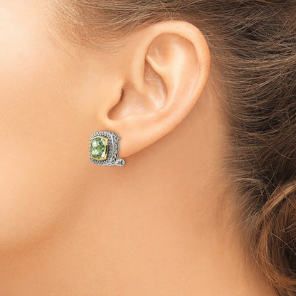14K/Silver Two Tone Shey Couture Sterling Silver With 14K Accent Antiqued Cushion Bezel Green Quartz Omega Back Earrings