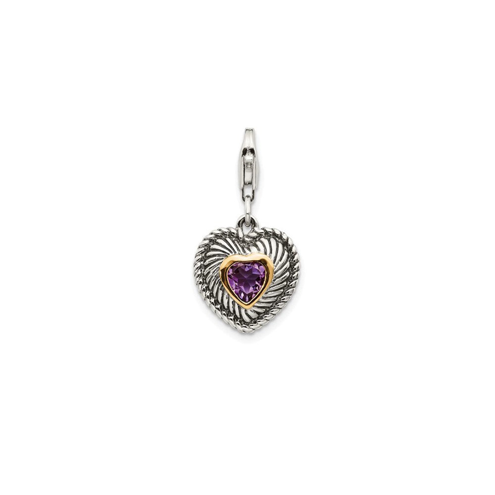14K/Silver Two Tone Shey Couture Sterling Silver With 14K Accent Antiqued Amethyst Heart Lobster Clasp Charm
