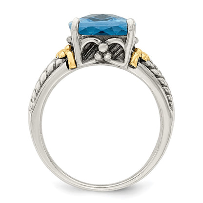 14K/Silver Two Tone Shey Couture Sterling Silver With 14K Accent Antiqued Checkerboard Cushion Swiss Blue Topaz Ring (Size 6 Only)