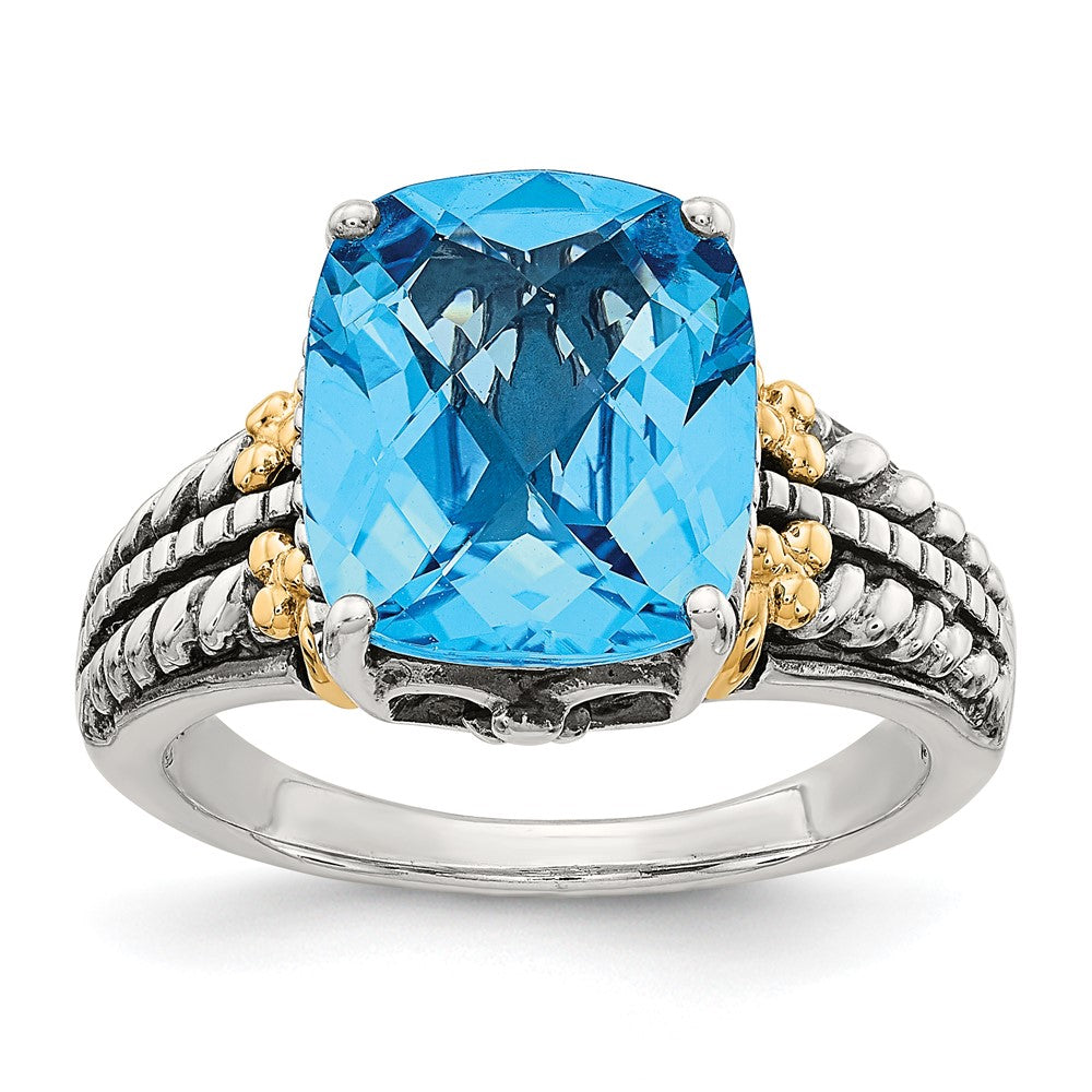 14K/Silver Two Tone Shey Couture Sterling Silver With 14K Accent Antiqued Checkerboard Cushion Swiss Blue Topaz Ring (Size 6 Only)