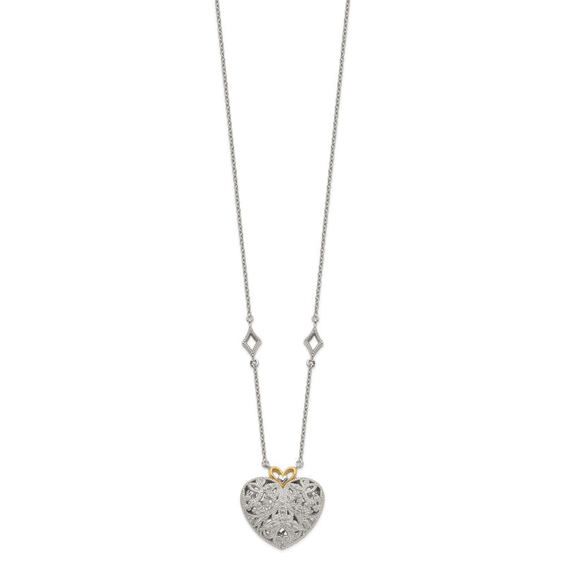 14K/Silver Two Tone Shey Couture Sterling Silver Rhodium Plated With 14K Accent 18 Inch Diamond Vintage Heart Necklace