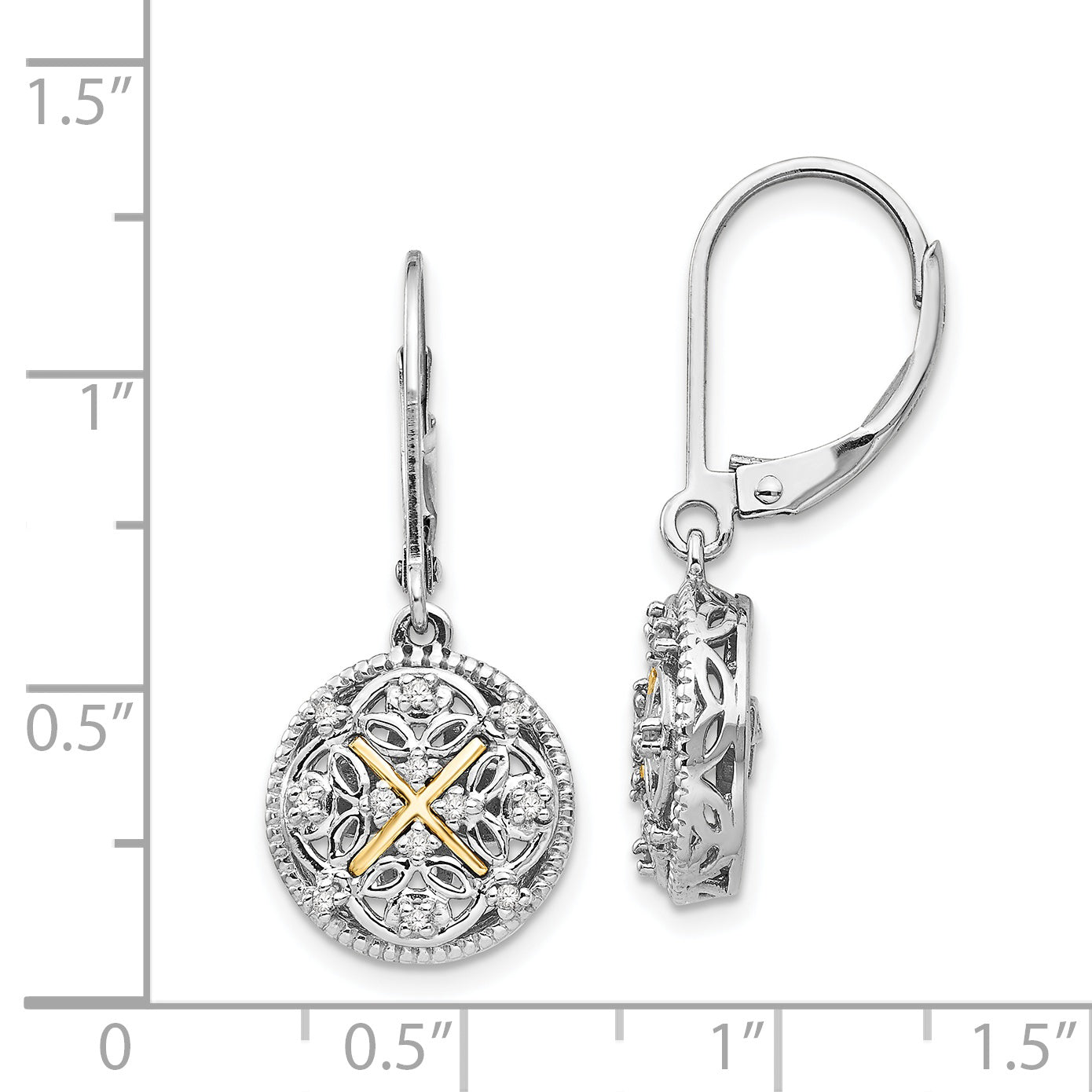 14K/Silver Two Tone Shey Couture Sterling Silver Rhodium Plated With 14K Accent Diamond Leverback Dangle Vintage Earrings