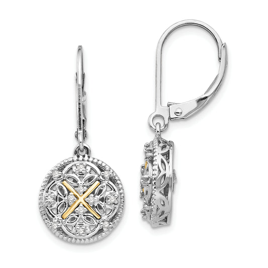 14K/Silver Two Tone Shey Couture Sterling Silver Rhodium Plated With 14K Accent Diamond Leverback Dangle Vintage Earrings
