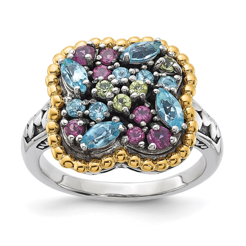 14K/Silver Two Tone Sterling Silver 14K Accent Multi Gemstone Ring