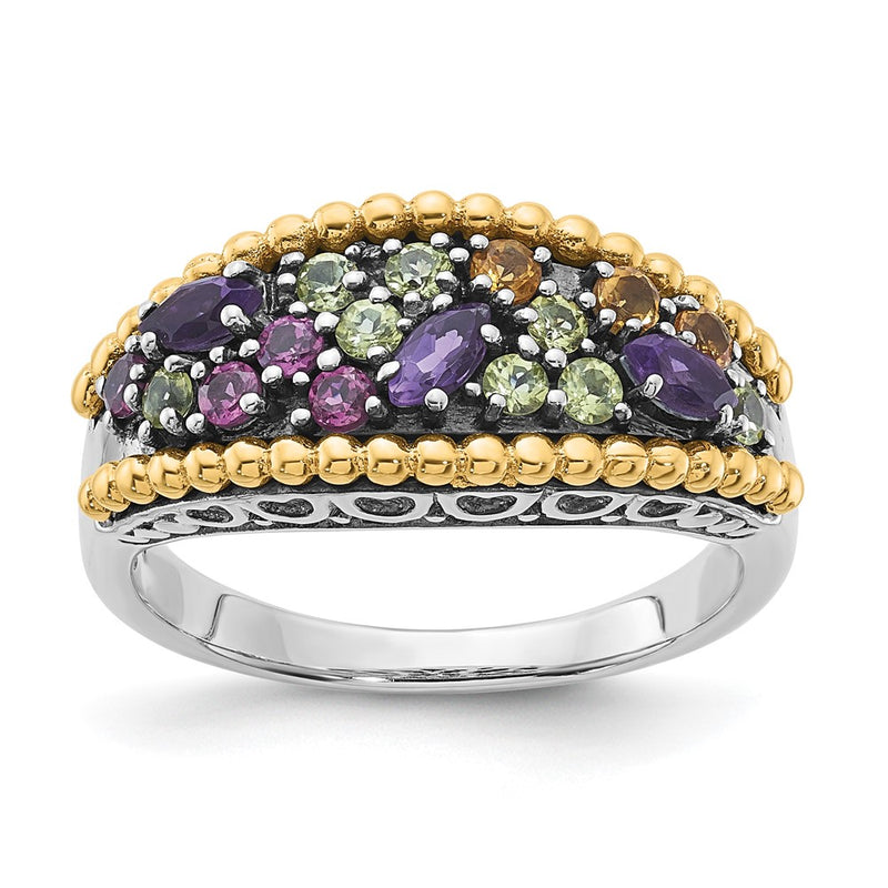 14K/Silver Two Tone Sterling Silver 14K Accent Multi Gemstone Ring (Size 8 Only)
