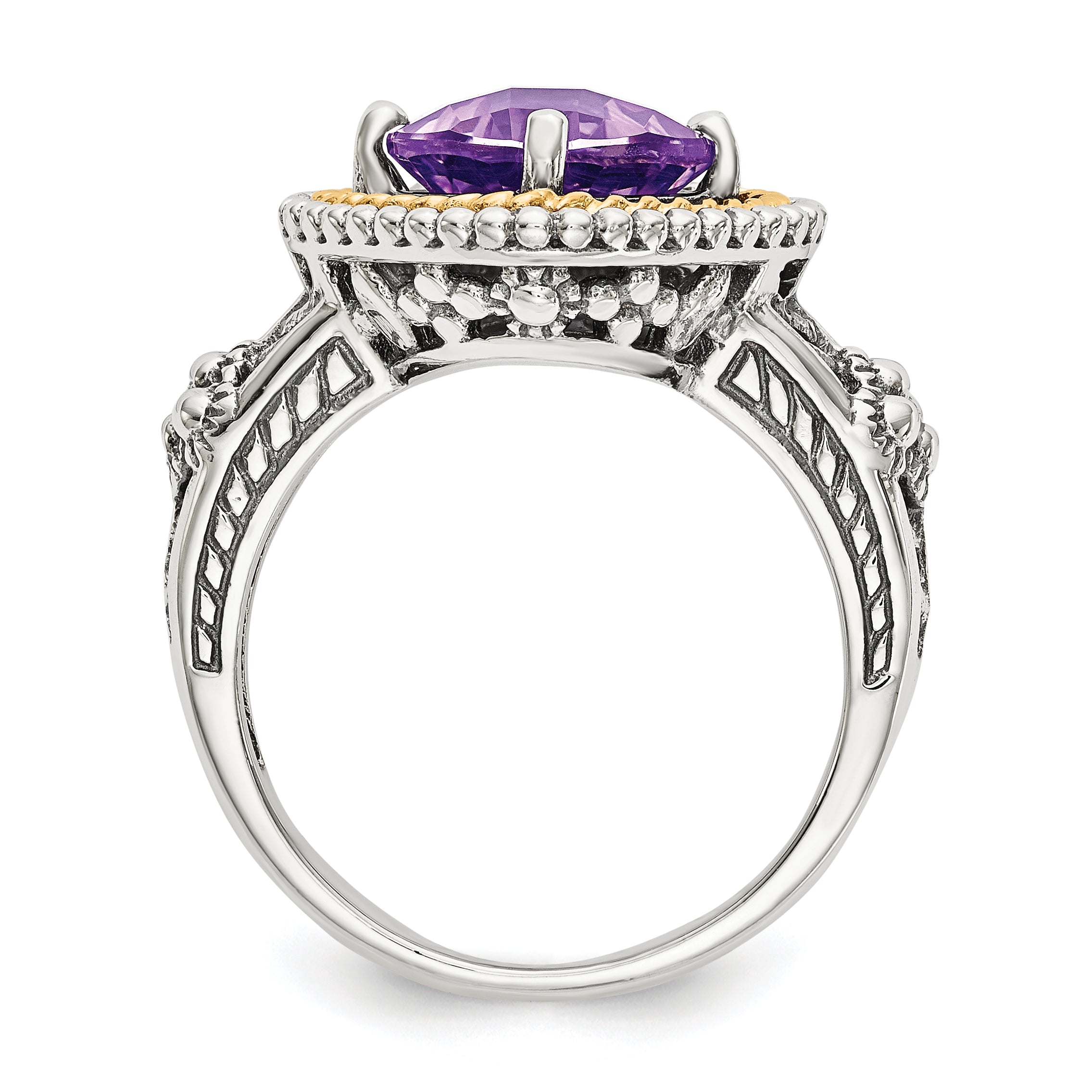 14K/Silver Two Tone Shey Couture Sterling Silver With 14K Accent Antiqued Checkerboard Cut Cushon Amethyst Ring