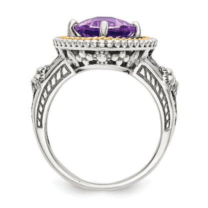14K/Silver Two Tone Shey Couture Sterling Silver With 14K Accent Antiqued Checkerboard Cut Cushon Amethyst Ring