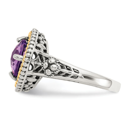 14K/Silver Two Tone Shey Couture Sterling Silver With 14K Accent Antiqued Checkerboard Cut Cushon Amethyst Ring