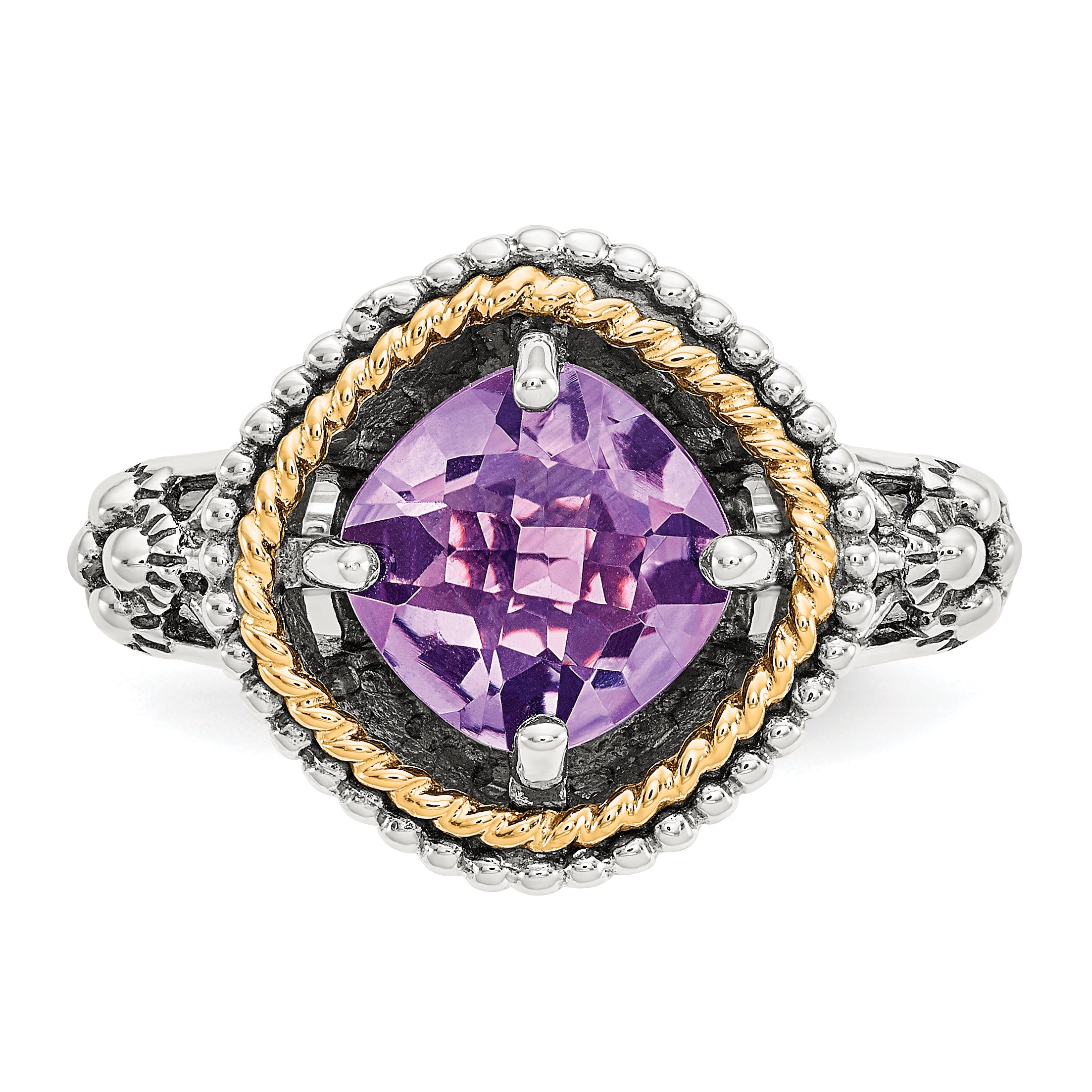 14K/Silver Two Tone Shey Couture Sterling Silver With 14K Accent Antiqued Checkerboard Cut Cushon Amethyst Ring