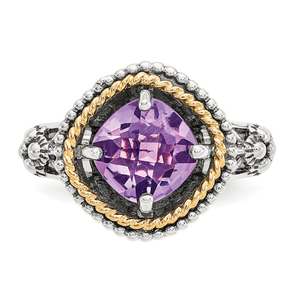 14K/Silver Two Tone Shey Couture Sterling Silver With 14K Accent Antiqued Checkerboard Cut Cushon Amethyst Ring