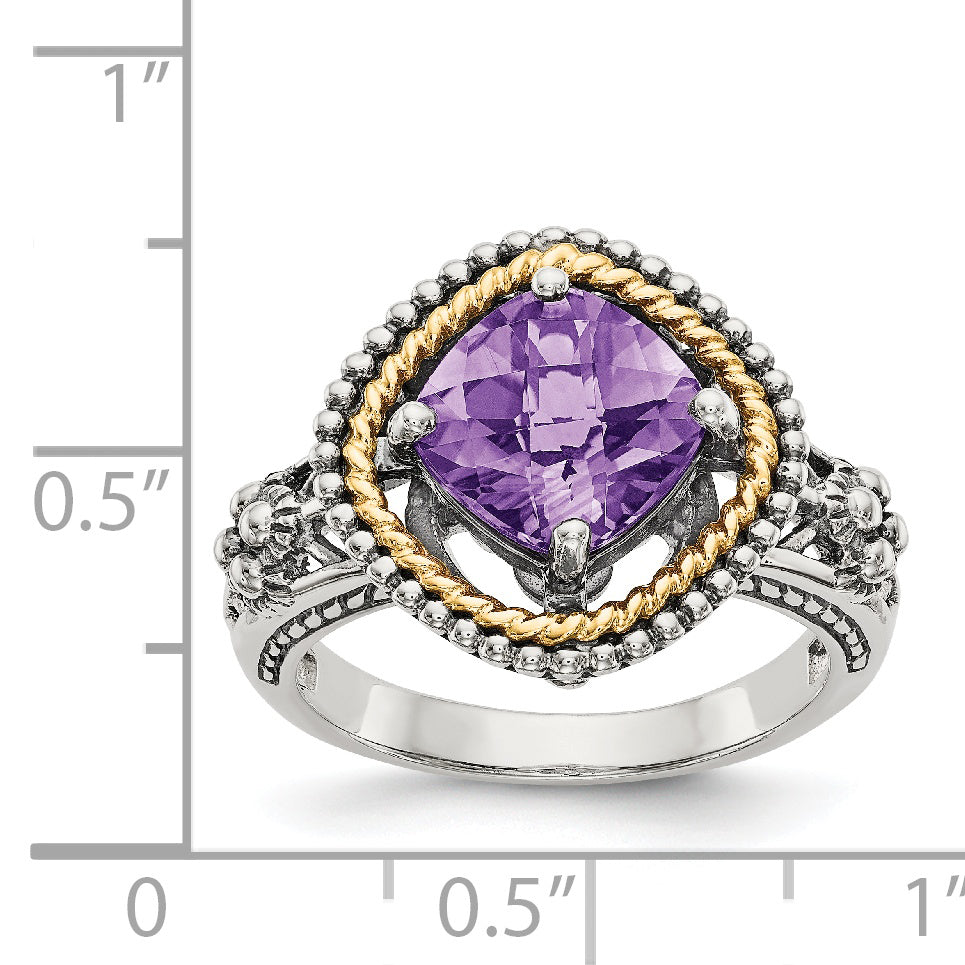 14K/Silver Two Tone Shey Couture Sterling Silver With 14K Accent Antiqued Checkerboard Cut Cushon Amethyst Ring