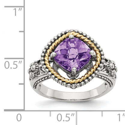 14K/Silver Two Tone Shey Couture Sterling Silver With 14K Accent Antiqued Checkerboard Cut Cushon Amethyst Ring