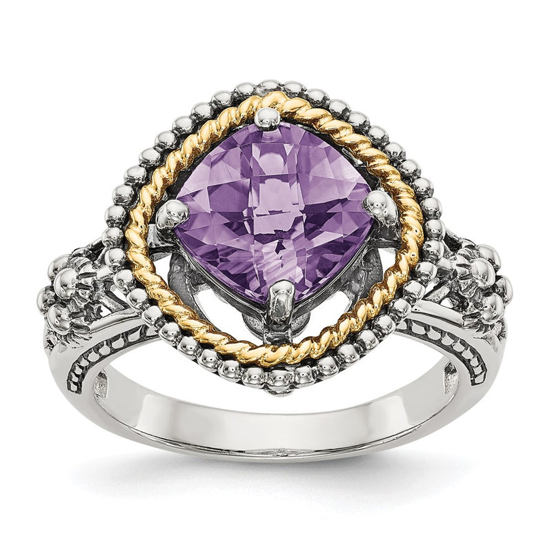 14K/Silver Two Tone Shey Couture Sterling Silver With 14K Accent Antiqued Checkerboard Cut Cushon Amethyst Ring