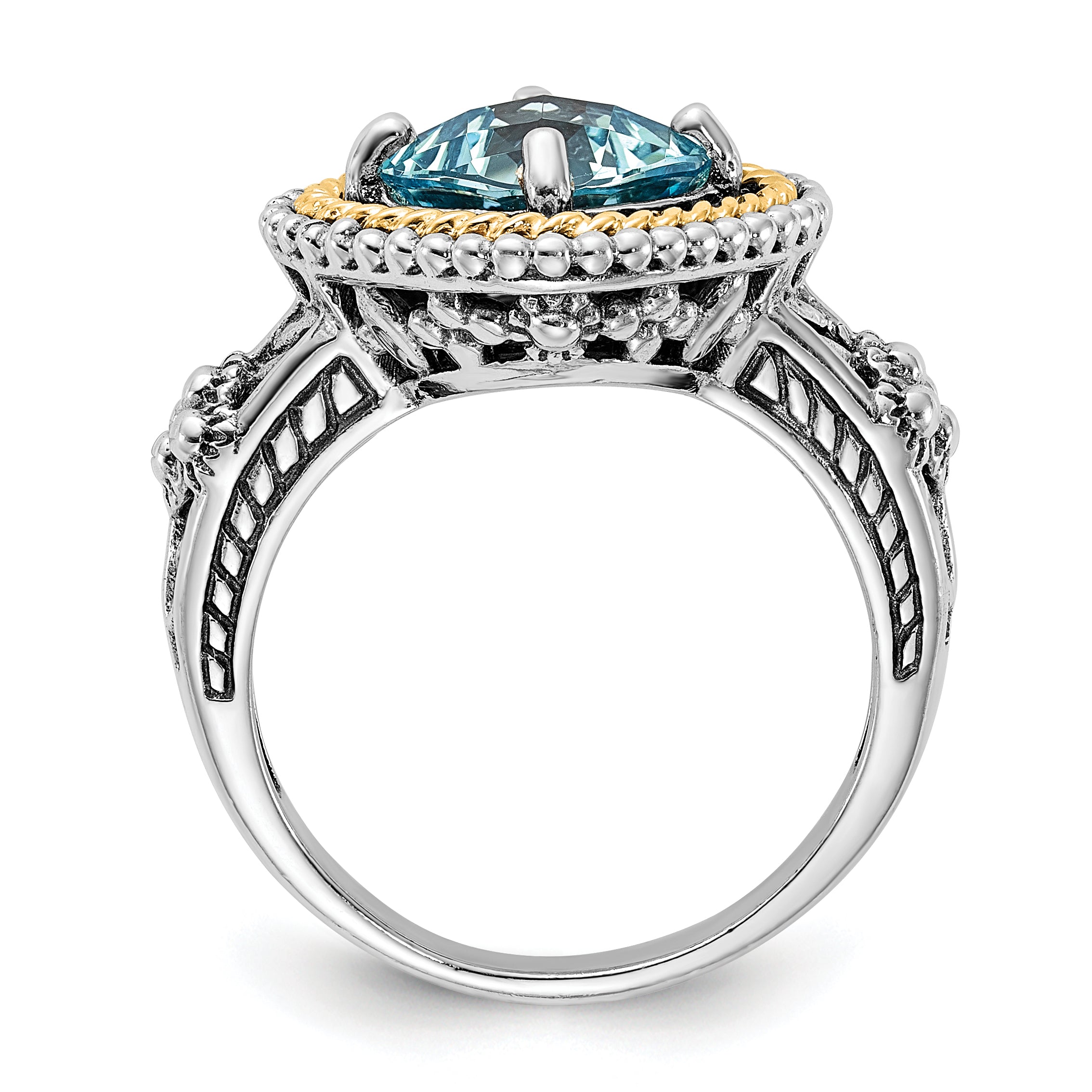 14K/Silver Two Tone Sterling Silver 14K Accent Polished & Antiqued Swiss Blue Topaz Ring (Size 6 Only)