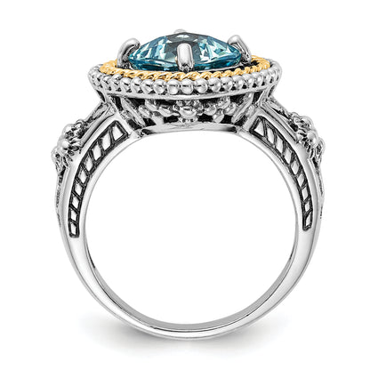 14K/Silver Two Tone Sterling Silver 14K Accent Polished & Antiqued Swiss Blue Topaz Ring (Size 6 Only)