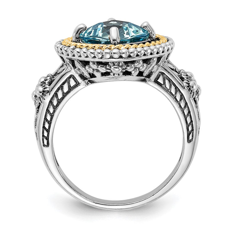 14K/Silver Two Tone Sterling Silver 14K Accent Polished & Antiqued Swiss Blue Topaz Ring (Size 6 Only)