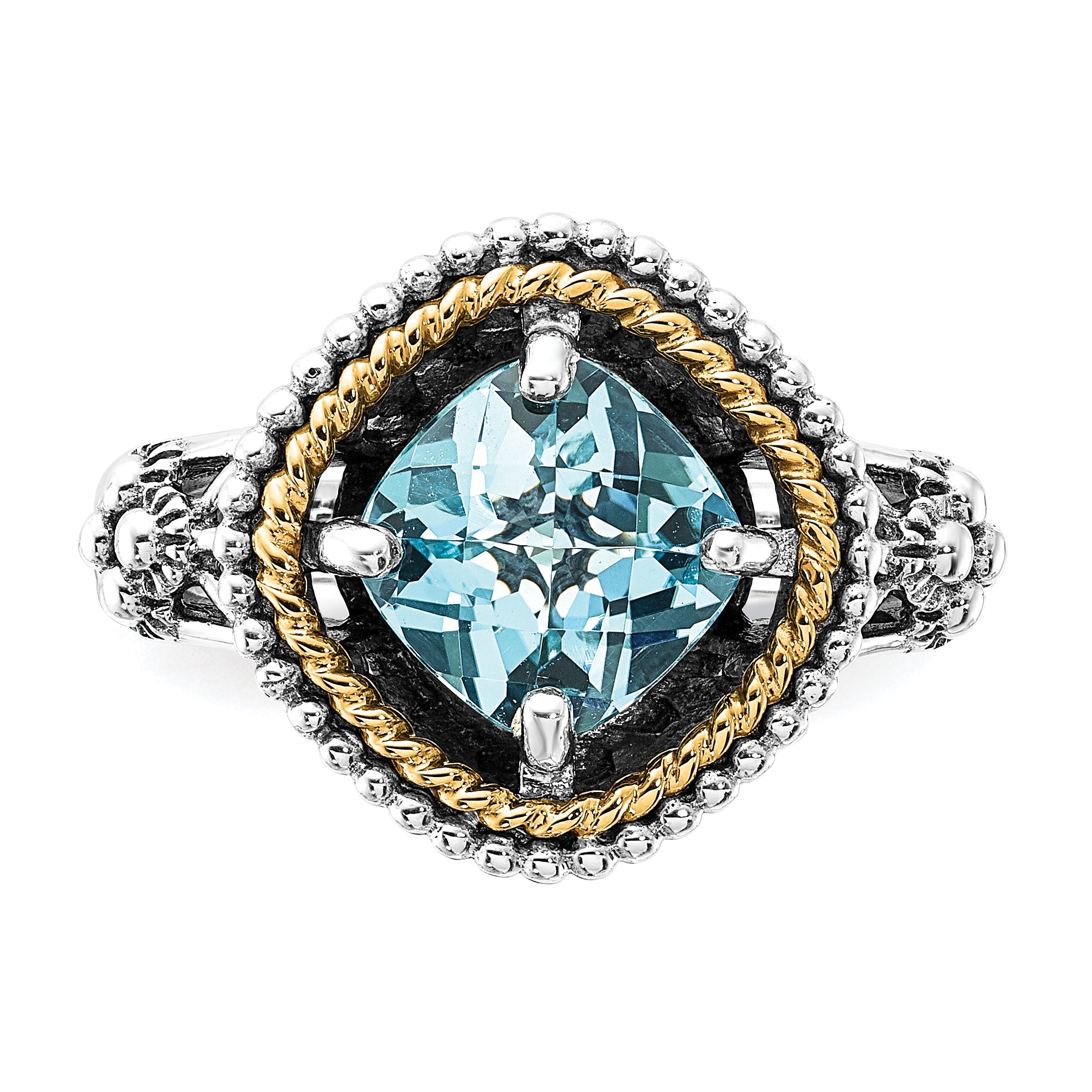 14K/Silver Two Tone Sterling Silver 14K Accent Polished & Antiqued Swiss Blue Topaz Ring (Size 6 Only)