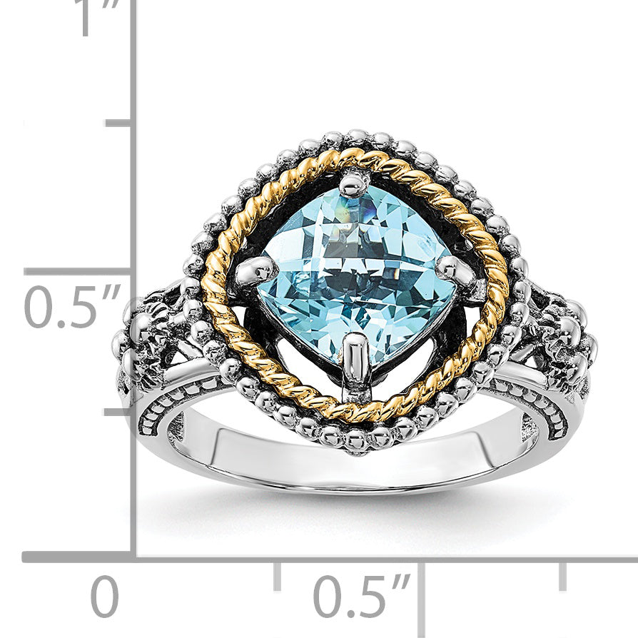 14K/Silver Two Tone Sterling Silver 14K Accent Polished & Antiqued Swiss Blue Topaz Ring (Size 6 Only)