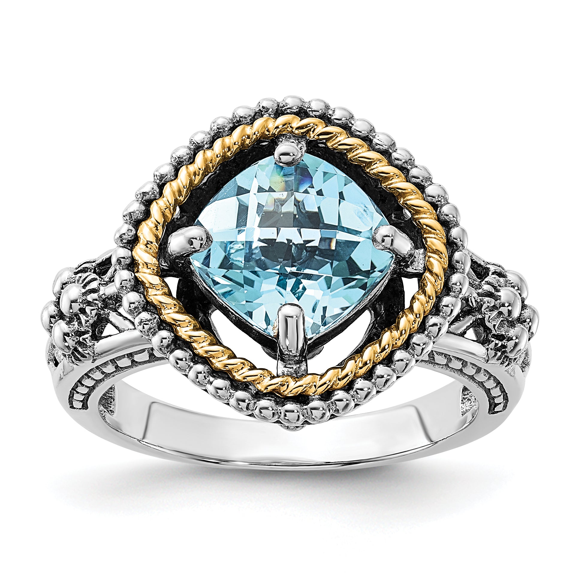 14K/Silver Two Tone Sterling Silver 14K Accent Polished & Antiqued Swiss Blue Topaz Ring (Size 6 Only)