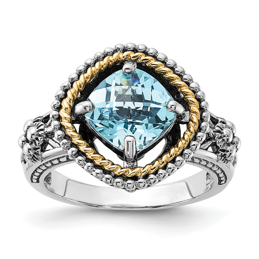 14K/Silver Two Tone Sterling Silver 14K Accent Polished & Antiqued Swiss Blue Topaz Ring (Size 6 Only)